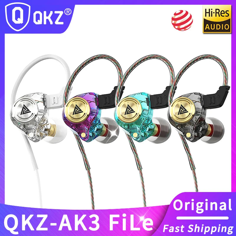 QKZ AK3 FiLe Wired Earphone with Microphone HiFi Music Monitor Bass Headphones Noise Cancelling Headset For Sport Gaming Earbuds Oasis Select