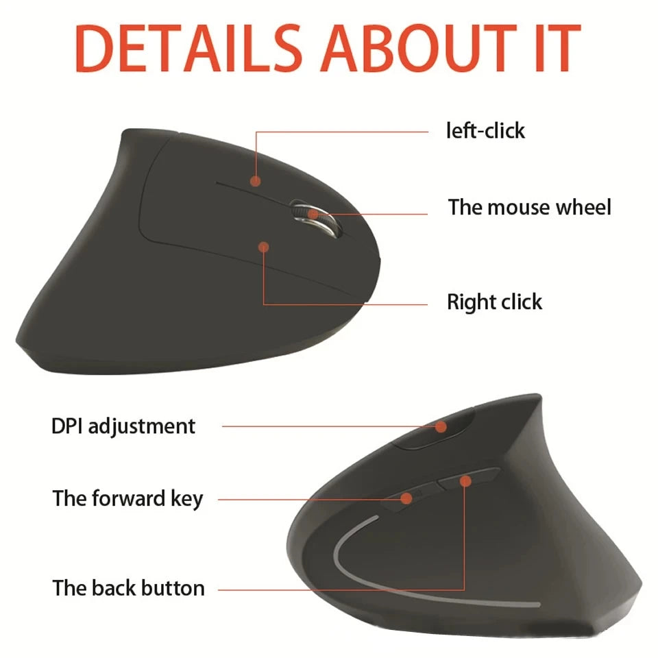 Vertical Ergonomic Wireless Mouse – 2.4GHz USB 1600 DPI 6 Button