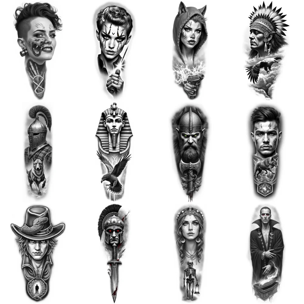12pc Black & Grey Temporary Tattoos – Skull, Warrior & Animal