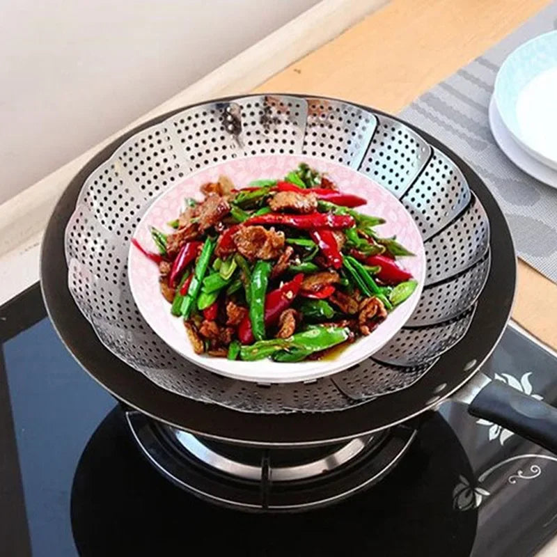 Silver Stainless Steel Retractable Folding Steamer Plate Multifunctional Food Steamer Vegetable Fruit Basket Oasis Select