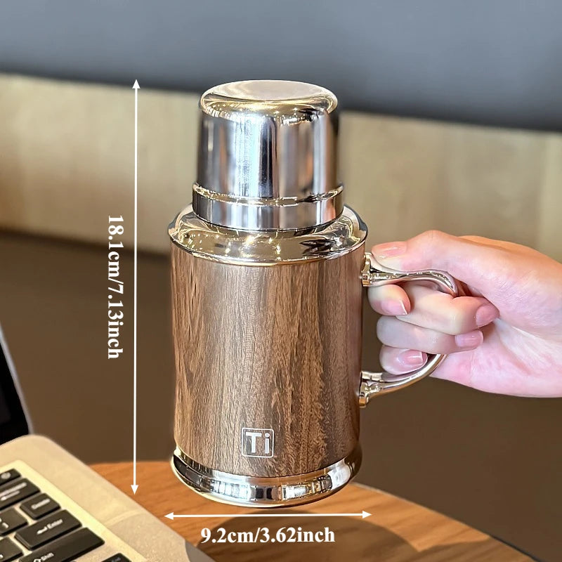 Wood Grain Insulated Water Bottle with Handle Removable Drinking Lid Portable Heat Retention Flask for Office Travel Daily Oasis Select 600ml 600-1000ml