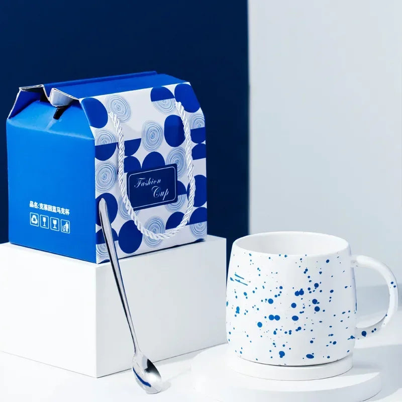 500ml Ceramic Coffee Mug with Spoon Gift Package Klein Blue Splash Ink Porcelain Mug Breakfast Oatmeal Cup Festival Gift Oasis Select Splash ink 500ml