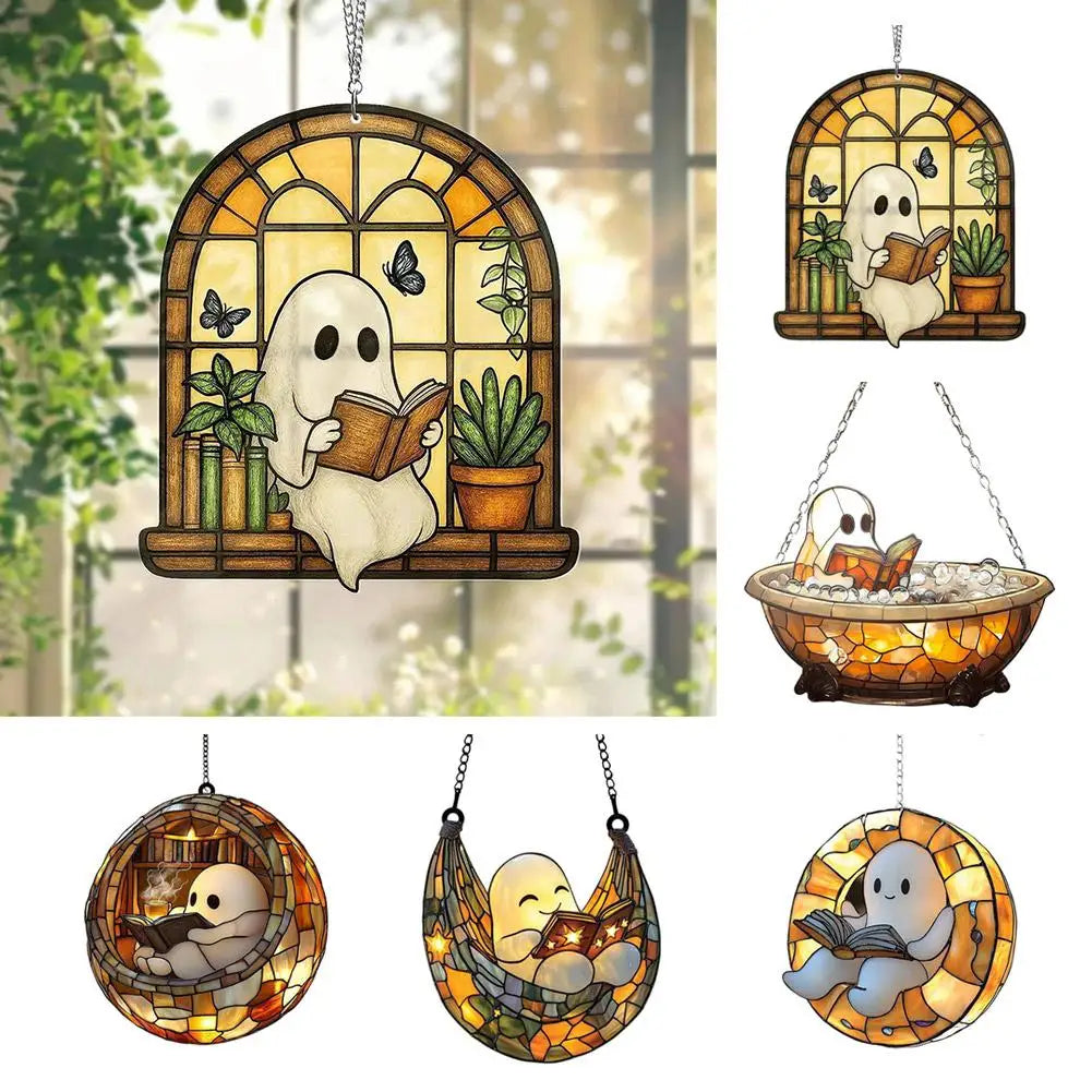 Ghost Reading Book Suncatcher – Acrylic Window Ornament