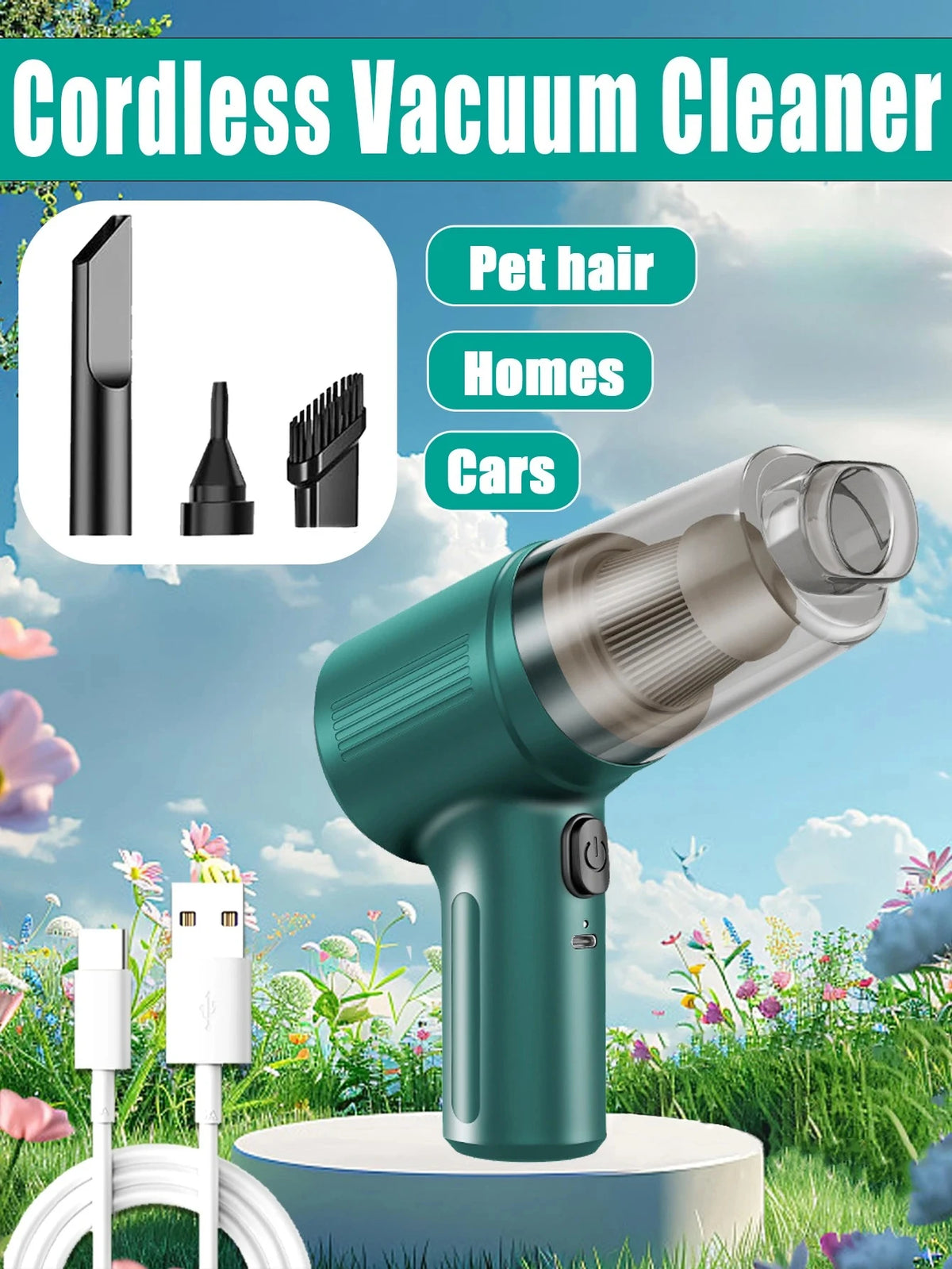 Cordless Handheld Vacuum – Car, Home & Pet Hair | Type-C Handheld Vacuum Cleaner Oasis Select 1063-B-Green
