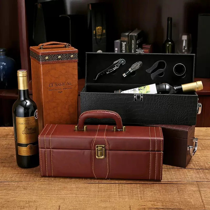 Luxury PU Leather Wine Bottle Gift Box Home Storage Organizer Wine Carrying Holder Leather Gift Box Packaging Bottle Opener Set Oasis Select