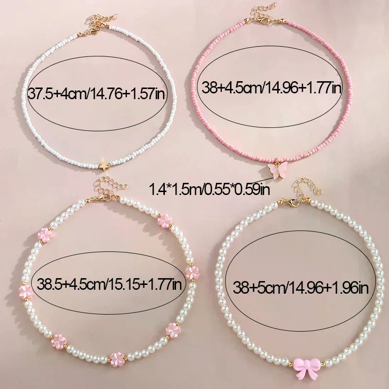 4pcs/Set Girls' Butterfly Heart Flower Pearl & Beaded Handmade Necklace Set Children Teen Friendship Best Gift For Friends Oasis Select