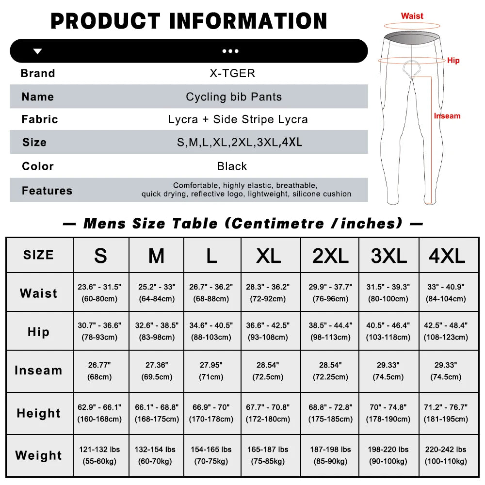 X-TIGER Men's Cycling Bib Pants Three Pockets Breathable Shock 5D gel Pad TMB Mountain Road Cycling Pants Cycling Equipment Oasis Select