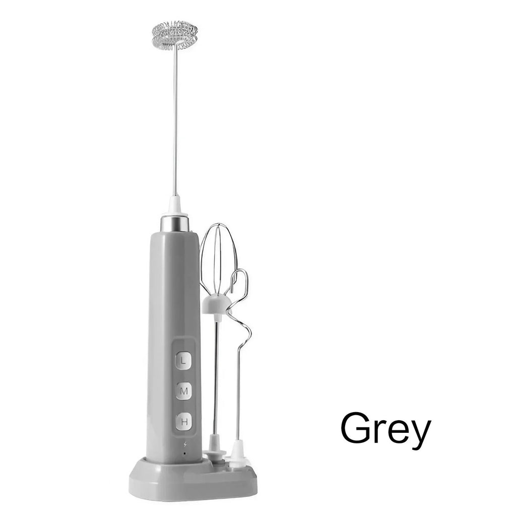 Handheld USB Rechargeable Mixer - Mini Electric Milk Frother with 3 Speeds, Whisking & Baking Aid, Multi-functional Attachments Oasis Select Grey
