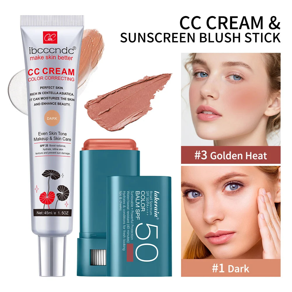 2pcs/set Color Correcting CC Cream & Suncreen Blush Stick Long-Lasting Waterproof Natural Finish Face Makeup Korean Cosmetic Oasis Select SET 3