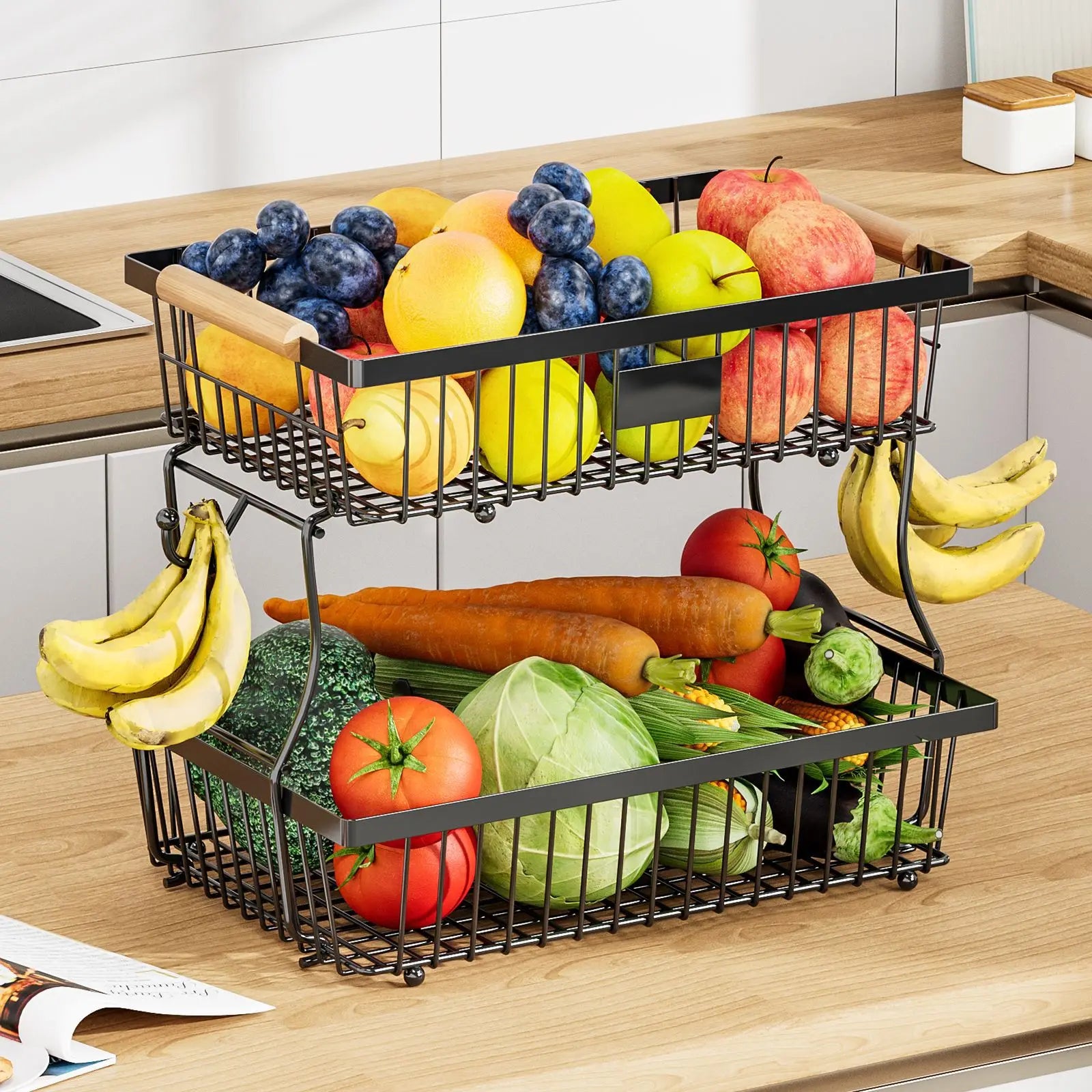 Kitchen Fruit Shelf Living Room Double-layer Removable Storage Rack Tray Wooden Handle Portable Vegetable and Fruit Basket Oasis Select