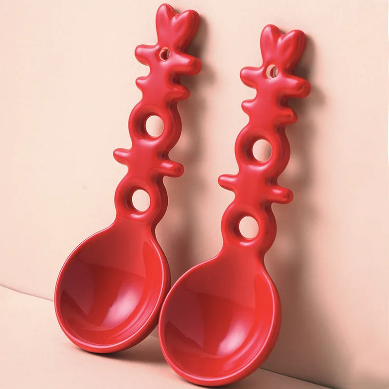 Double Happiness Ceramic Spoon Souvenir Soup Spoon, Engagement Wedding Spoon Red Festive Soup Kitchen Tablewear Oasis Select