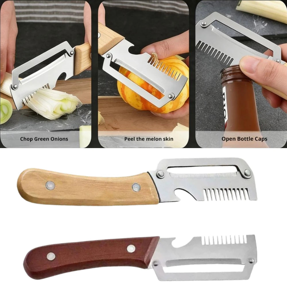 3-in-1 Multifunction Kitchen Peeler, Wooden Handle Stainless Steel Serrated Knife, Vegetable Fruit Peeler Shredder Bottle Opener Oasis Select