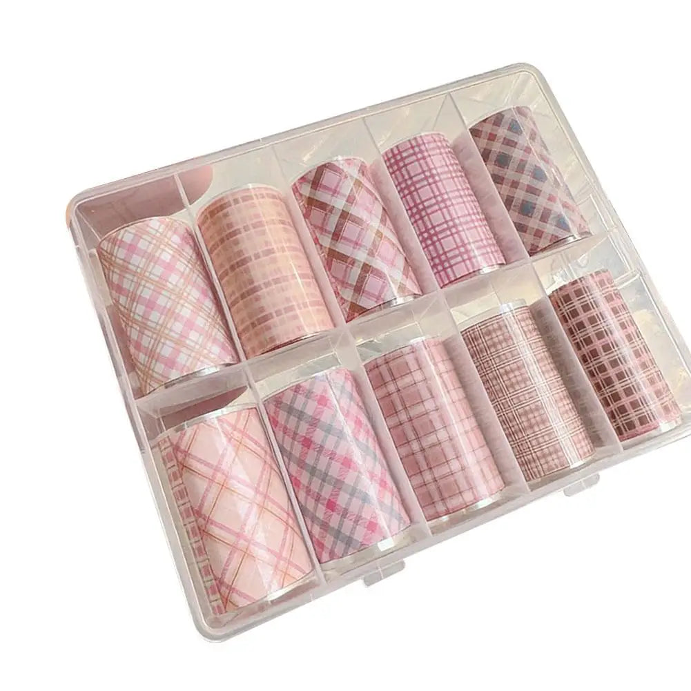 10-Roll Plaid & Flower Nail Foil Transfer Stickers | Self-Adhesive Nail Art Foil Set Oasis Select pink