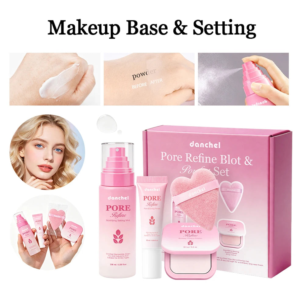 Makeup Set Oil Control Matte Finish Pore Blurring Primer, Setting Spray, Press Powder, Powder Puff 4-pieces Makeup Combo Kit Oasis Select