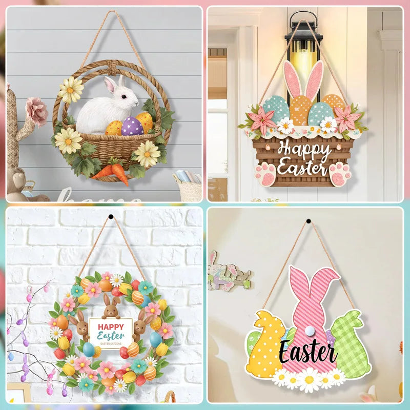 12x12 inch/30x30 cm Easter Wooden Hanging Door Sign Rabbit Egg Decorative Plaque for Easter Front Door Decor Oasis Select