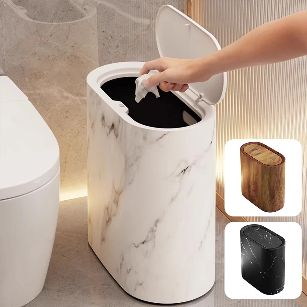 Marble Slim Trash Can with Lid – Narrow Wastebasket for Home