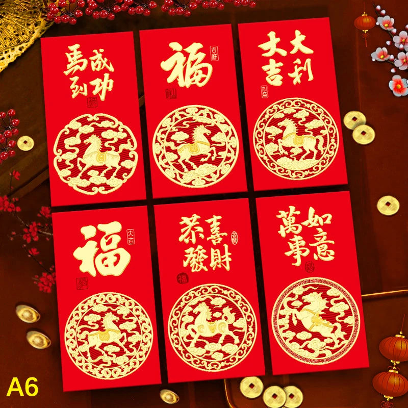 6Pcs/set Chinese New Year Money Envelope Horse Year Red Envelope Red Pocket Spring Festival Envelope Oasis Select A6