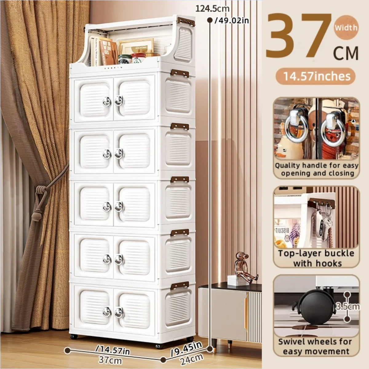 37cm Foldable Double-Door Storage Cabinet-Large Capacity Mobile Organizer with Wheels for Kitchen, Bedroom,Living Room Storage Oasis Select 6 Layers White