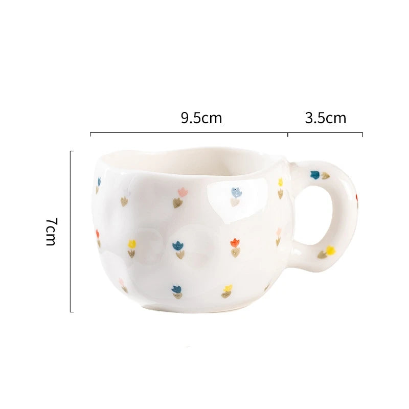 300ML Ceramic Mug Flower Heart Pattern Cute Hand Pinched Irregular Creative Style Coffee Cup Breakfast Milk Afternoon Tea Cups Oasis Select Small-floral 300ml