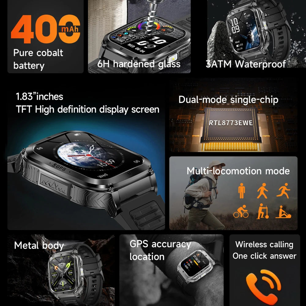 GPS Smartwatch Sports Fitness Outdoors Smart Watch 3ATM Waterproof 1.83" Music Blue Tooth Call LED Flashlight Heart Rate Health Oasis Select