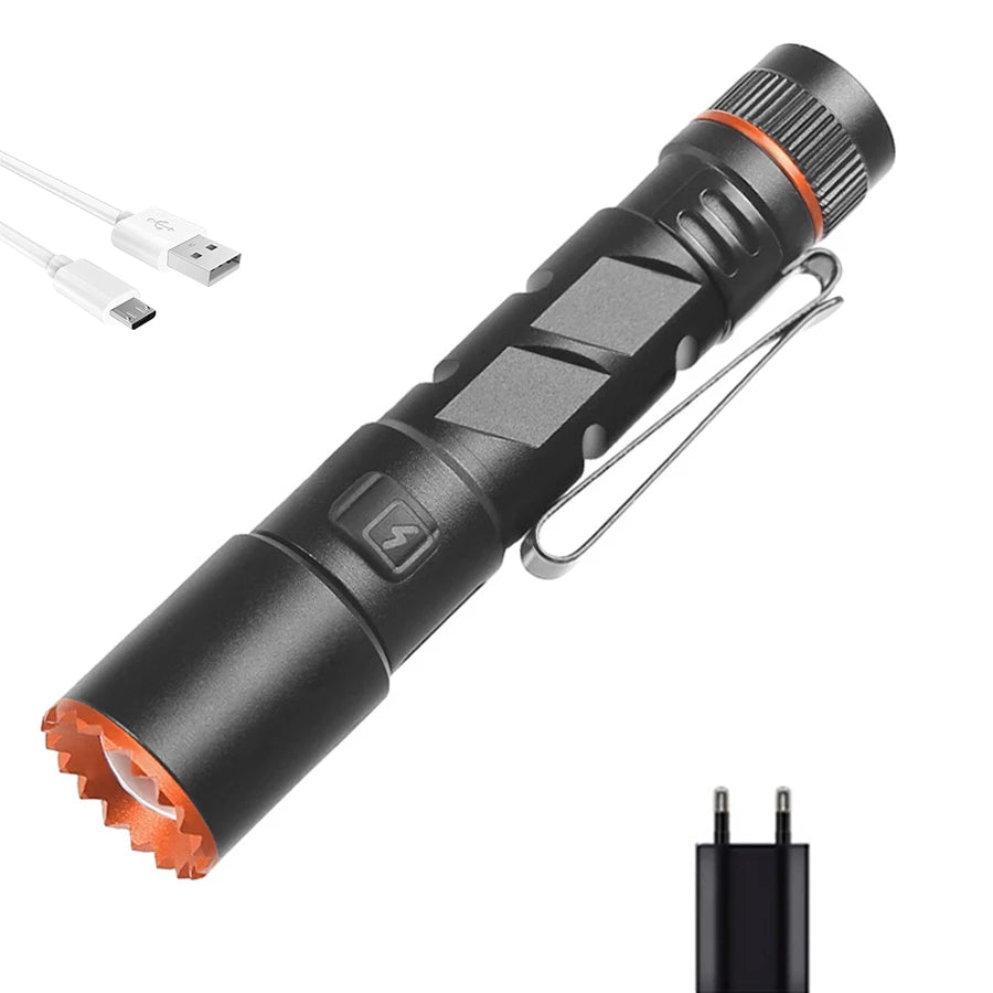 High Power LED Flashlight USB Rechargeable Flashlights Mini Torch Emergency Light Zoom Flashlight Aluminium Alloy Material Oasis Select Package B