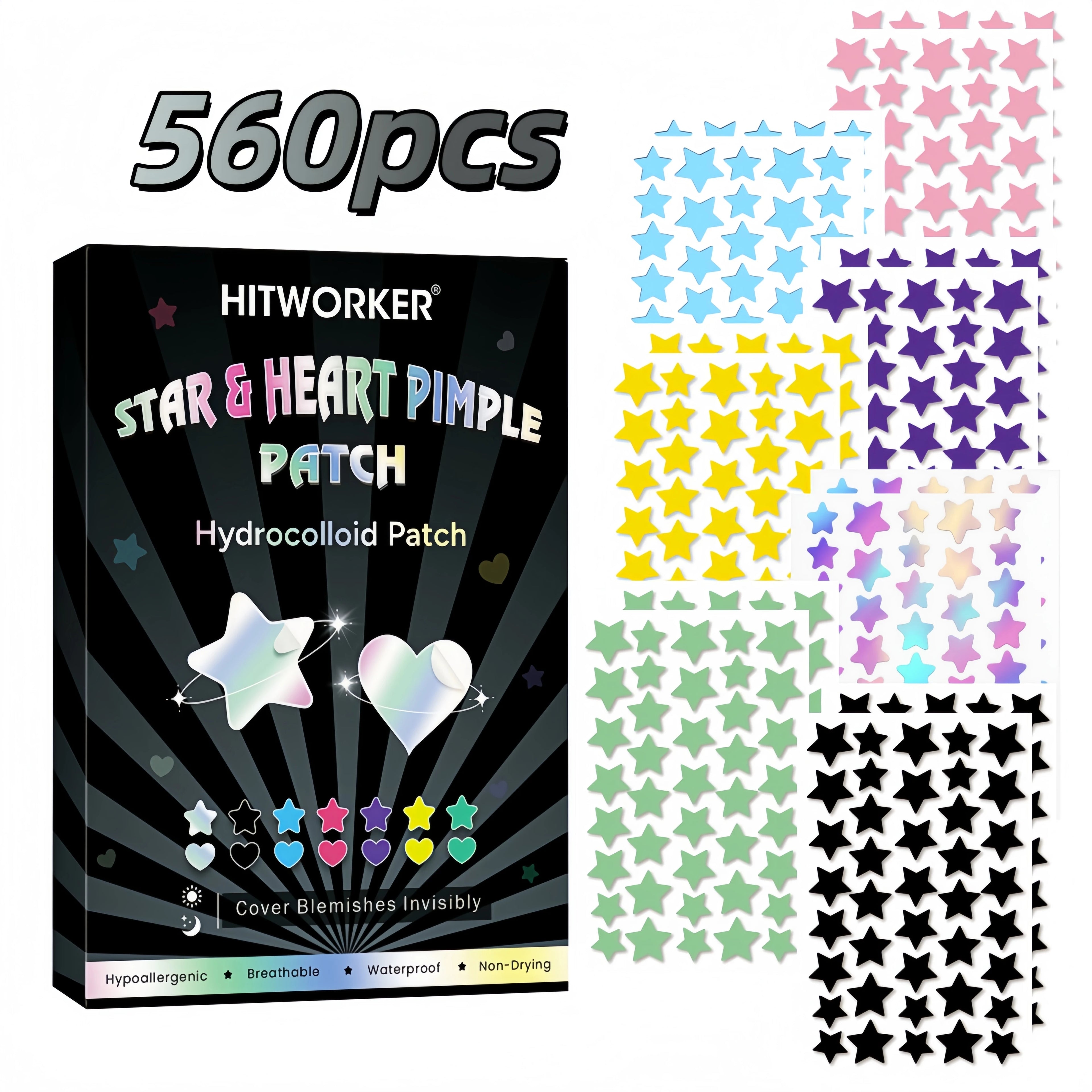 Water based colloidal star shaped 7-color acne patch, 840/560 tablets/box - alcohol free, used to absorb acne secretions Oasis Select 560pcs