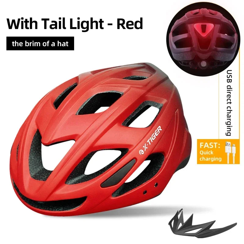 X-TIGER Cycling Helmet LED Tail Light Breathable One-piece Mountain Road Sports Bicycle Helmet Rechargeable with Brim Design Oasis Select Red