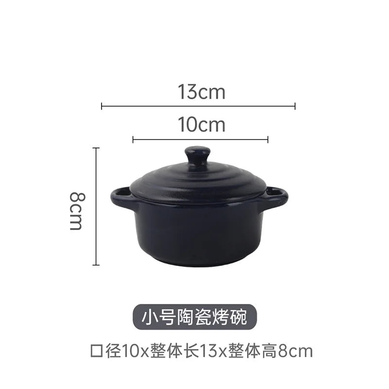 1Pc Small Ceramic Double Ear Bowl - Oven Safe for Steamed Egg Custard, Household Stew Soup, Pudding Baking & Stewing Pot Oasis Select Dark-Blue-S