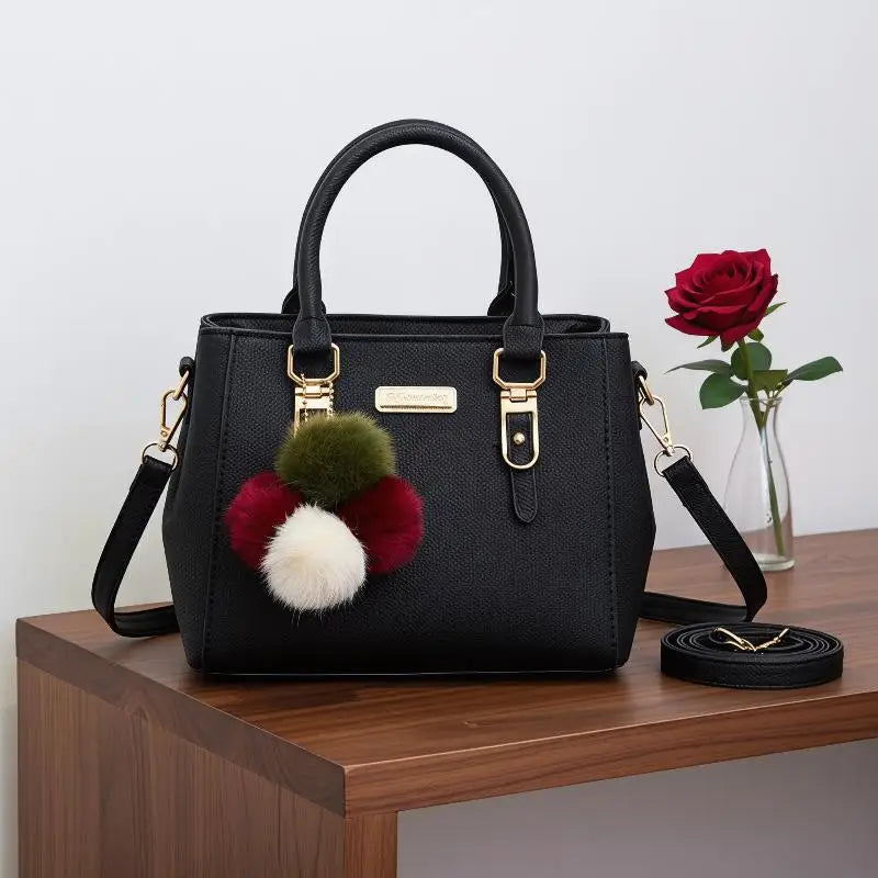 Women's PU Leather Tote Bag | Pom-Pom Crossbody Shoulder Handbag