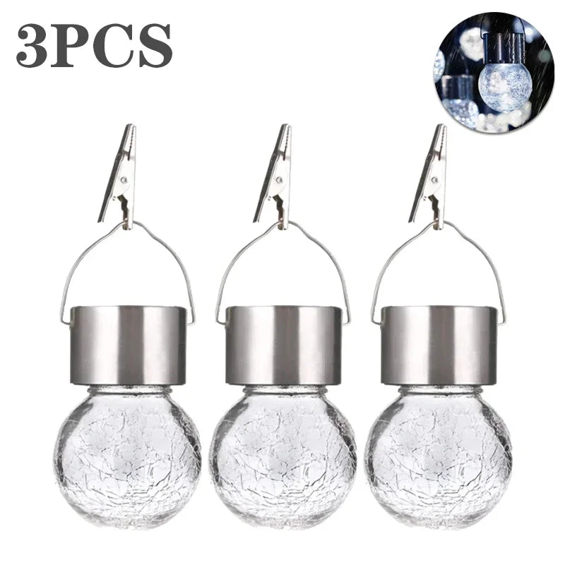 1/3/5PCS Solar Powered Outdoor Hanging Lights Colorful LED Cracked Glass Ball Design Waterproof Pathway Lantern for Garden Decor Oasis Select White-3PCS
