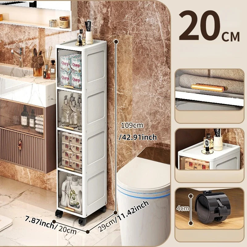 Heavy-Duty Space-Saving Flip Slim Cabinet 3-5 Tiers 20cm Wide Rolling for Kitchen Bedroom Bathroom Living Room 2 Colors Option Oasis Select 4 Layers-gray