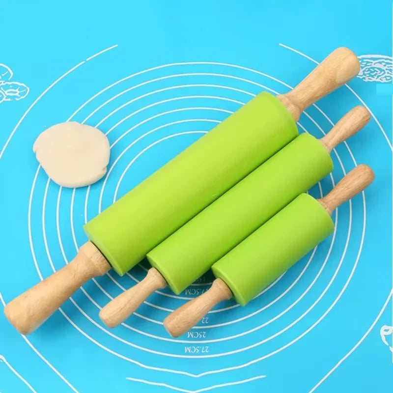 Non-Stick Silicone Rolling Pin Wooden Handle Pastry Dough Flour Roller Kitchen Cooking Baking Tool For Pasta Cookie Dough Oasis Select