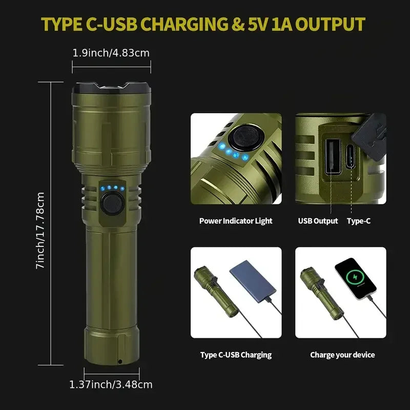 Powerful LED Flashlight USB C Rechargeable with Fresnel Lens Flashlight Super Bright Aluminum Zoom Torch Emergency Power Bank Oasis Select