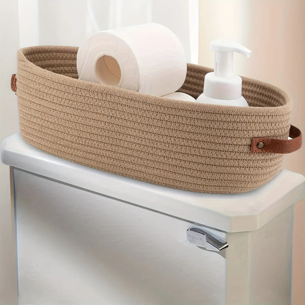1pc Oval Woven Bathroom Storage Basket, Multifunctional Desktop Organizer, Toilet Paper Holder, Toy Storage Basket Oasis Select
