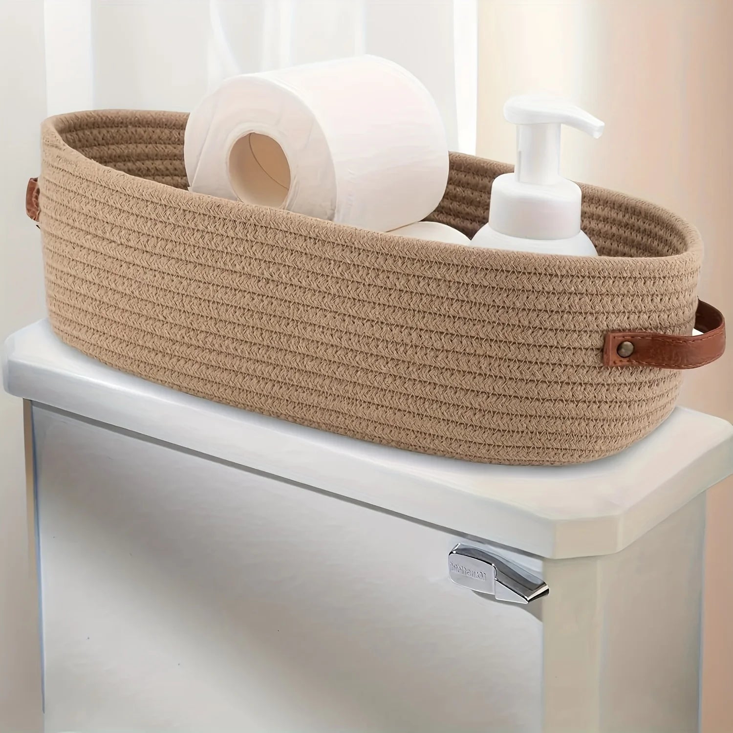1pc Oval Woven Bathroom Storage Basket, Multifunctional Desktop Organizer, Toilet Paper Holder, Toy Storage Basket Oasis Select