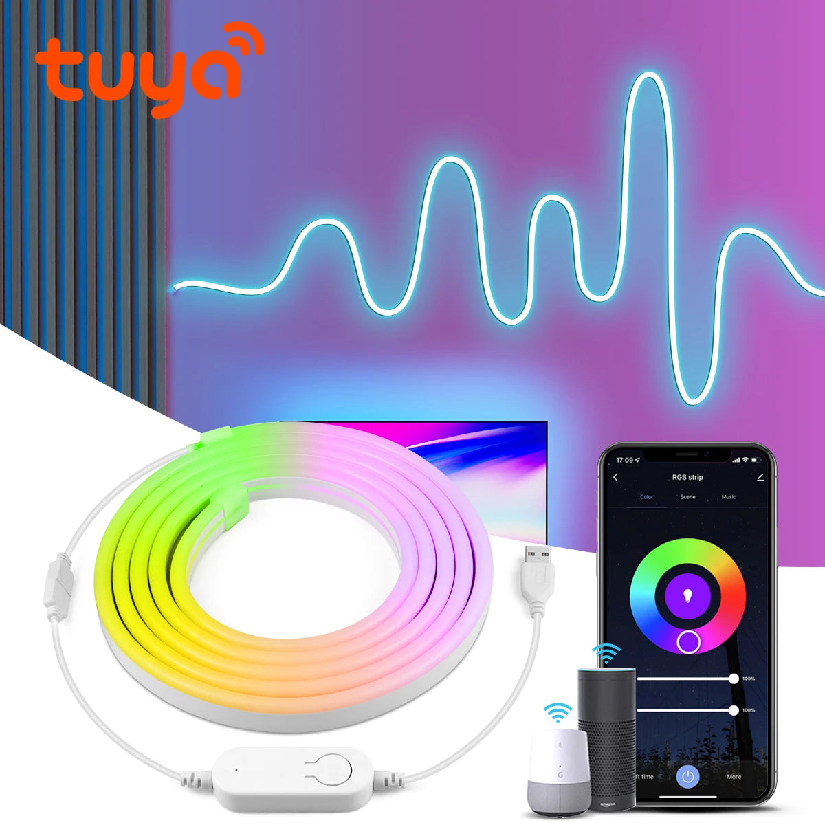 Tuya Smart Life RGB LED Neon Strip Light WIFI/Bluetooth USB 5V Neon Sign Tape Waterproof DIY Esports Gaming Room Ambinet Decor Oasis Select