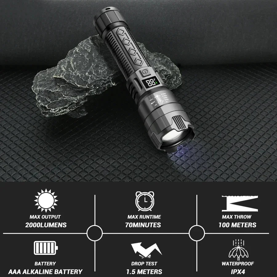 High Strong Power Led Flashlights 2000LM Tactical Torch with Display Light USB Charging Camping Fishing Emergency Zoom Lantern Oasis Select