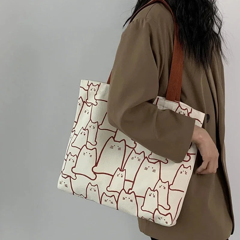 Canvas Bags Handbag for Women Shopper Cute Cat Tote Bag with Zipper Designer Bag Japanese Style Cartoon Small Shoulder Oasis Select Beige