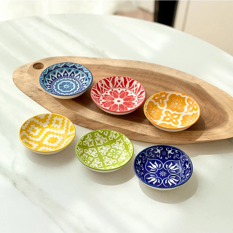 6/10 Pieces of Ceramic Condiment Dishes, Bohemian Plates, Sauce Dishes, Household Soy Sauce Vinegar Spice Dishes, Suitable for Home Kitchens, Restaurants, Sushi Bars, Parties, Hot Pot, Picnics, Camping, Barbecues, Cold Oasis Select Six Dishes