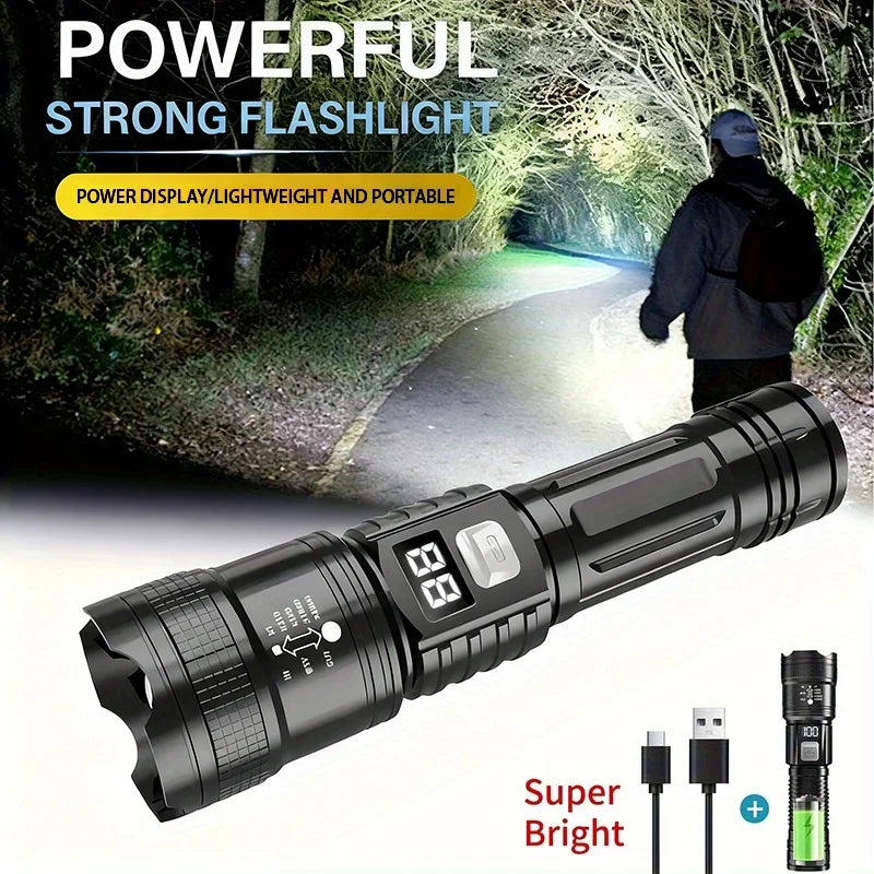 Tactical LED Flashlight 2000LM USB Rechargeable Waterproof Grade Zoom Torch Bright Portable Emergency Light for Camping Outdoor Oasis Select