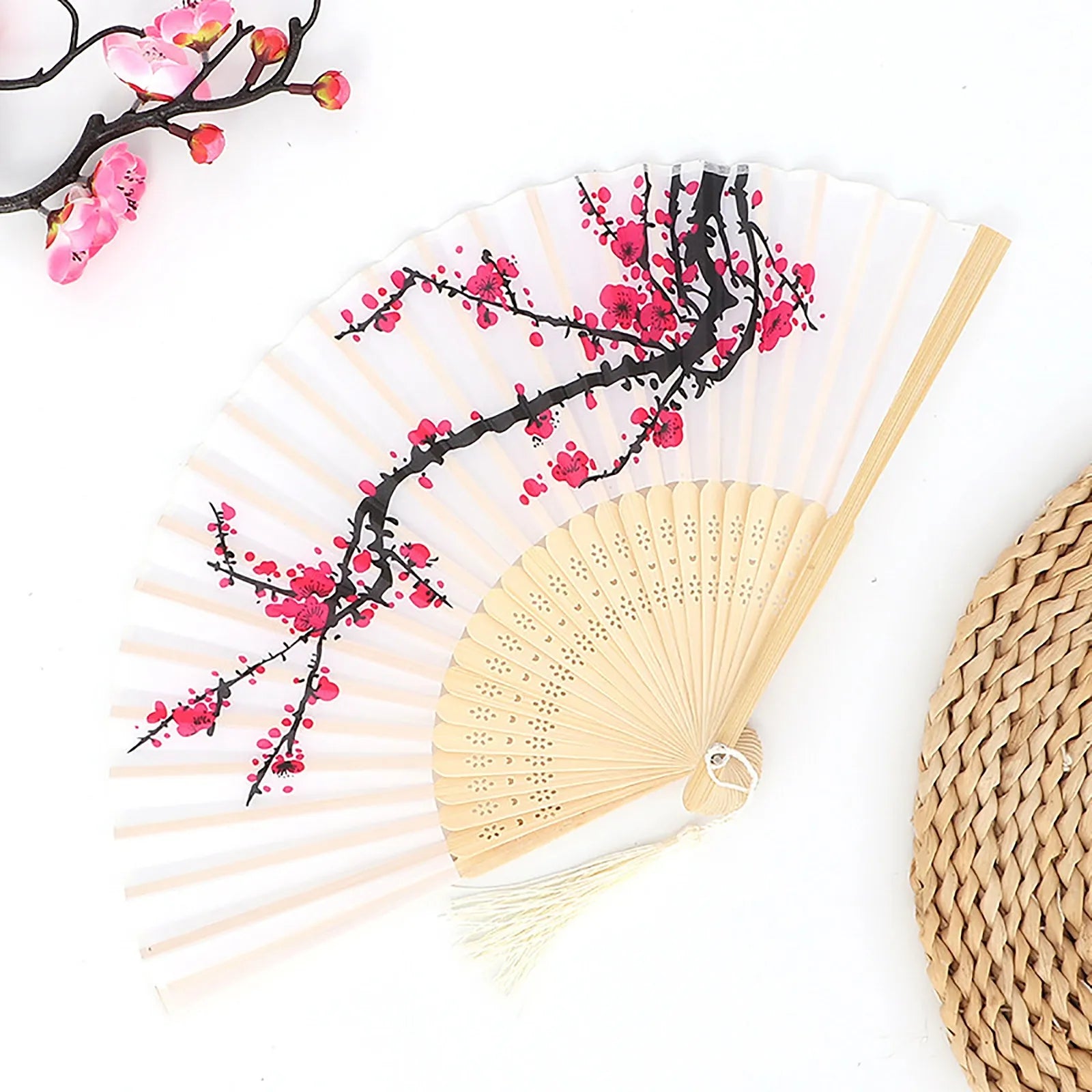 Vintage Silk Folding Fan Chinese Japanese Art Crafts Gift Home Decorations Dance Hand Fan Bamboo Room Decor Wood Fans Oasis Select I One Size