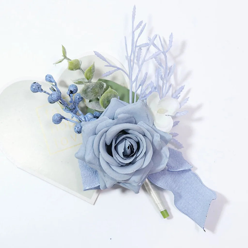 Blue Wedding Ribbion Wrist Corsage Boutonnière Fleur Artificielle Mariage Men Groom Fiori Da Polso Oasis Select Light Blue-Corsage