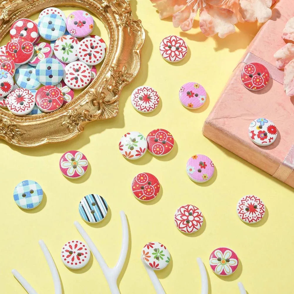50/100pcs Mixed Round Multiple Patterns Flower Wood Button For Sewing Buttons Clothes Accessories Wood Crafts Decoration DIY Oasis Select 50PCS