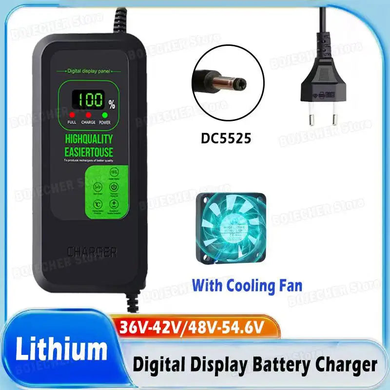 36V 42V / 48V 54.6V 2A 5A Digital Display Lithium Battery Charger Newly Upgraded Power Supply Adapters DC5525 With Fan EU Plug Oasis Select