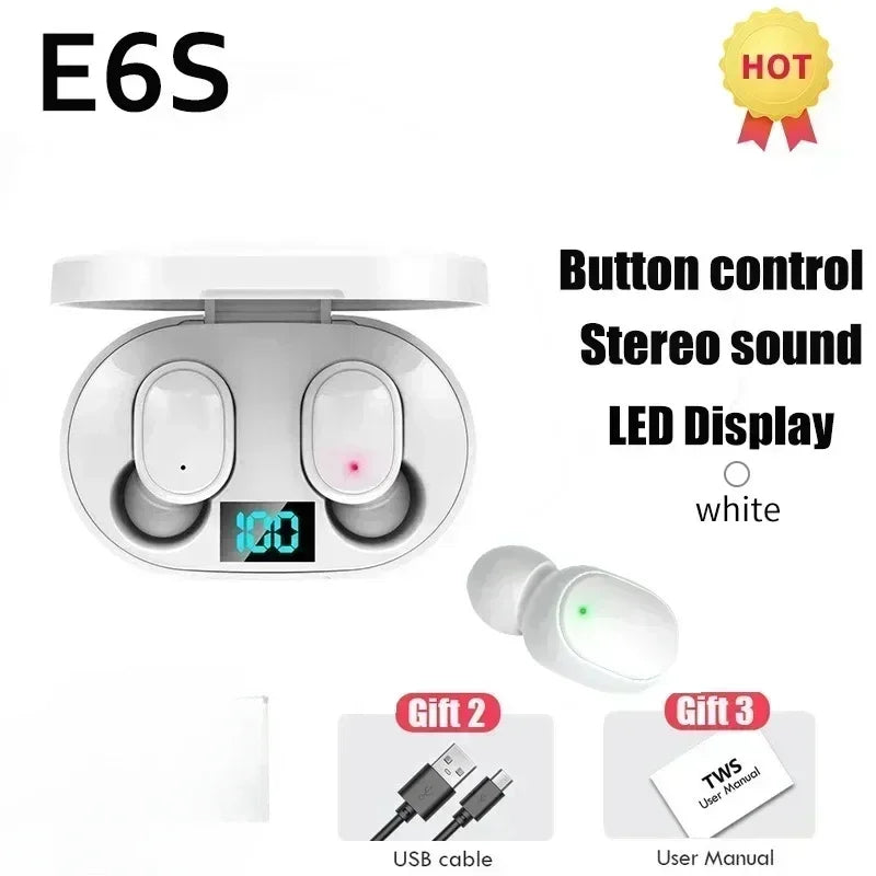 E6S Wireless Bluetooth Earphones TWS Bluetooth Headset Wireless Earbuds Noise Cancelling Earphones with Microphone Headphones Oasis Select White Earbuds
