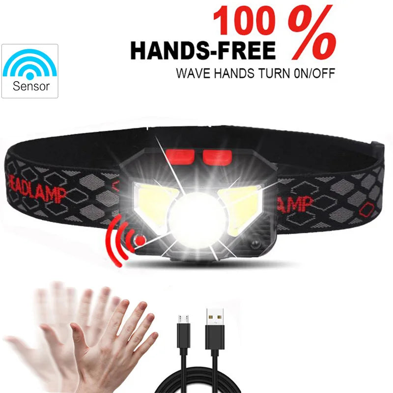 8 Modes Handfress Motion Sensor Powerful LED Headlight headlamp Head Lamp COB Flashlight Torch head light For Camping, fishing Oasis Select