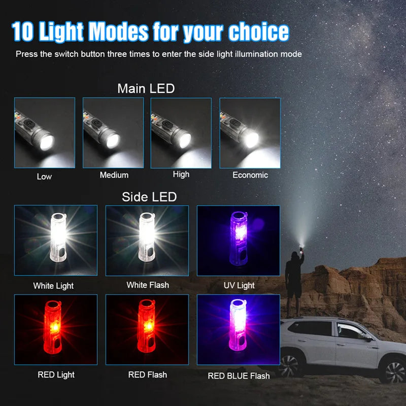 Mini Keychain LED Flashlight Multi-function Camping Flash Torch TYPE-C Fast Charging IP66 Waterproof Fluorescent Magnetic Warnin Oasis Select