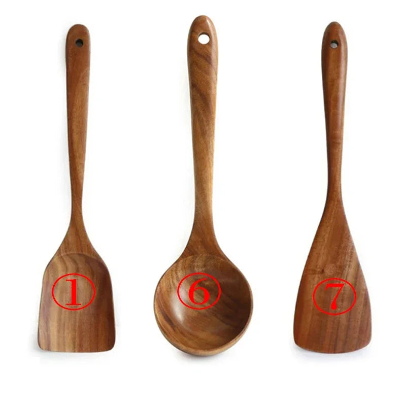 7pcs/set Teak Natural Wood Tableware Spoon Ladle Turner Rice Colander Soup Skimmer Cooking Spoon Scoop Kitchen Reusable Tool Kit Oasis Select 3PC 167