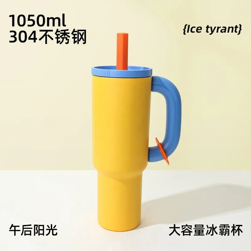 1050ml Insulated Mug with Handle and Straw Ice Cup Large Capacity Tumbler Stainless Steel Water Bottle Office Home Thermal Mug Oasis Select Yellow 40oz