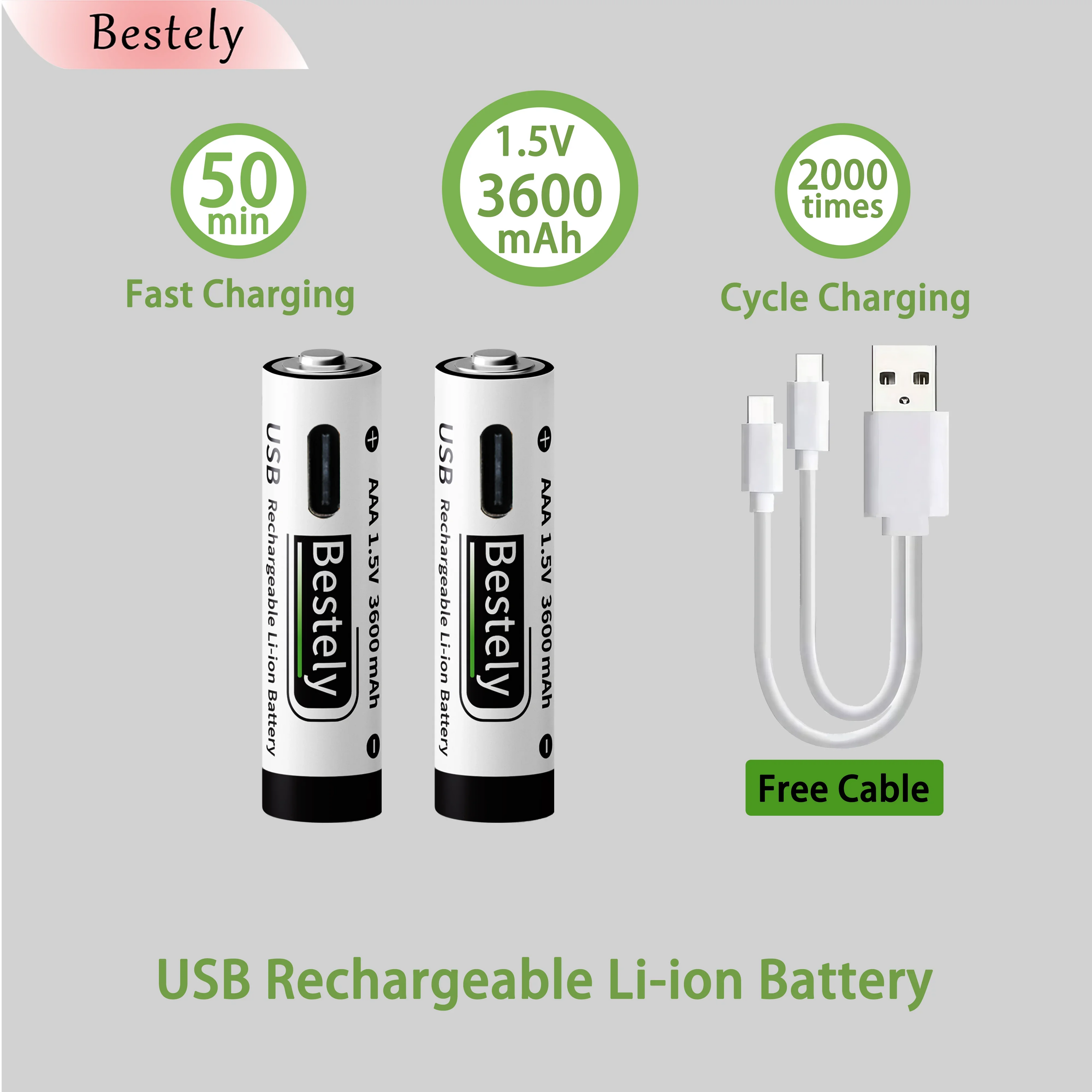 New USB-C 1.5v AAA 3600mAh Rechargeable Lithium ion Battery,Rechargeable AAA Li-ion Type-C Battery,2000 times cycle with Cable Oasis Select